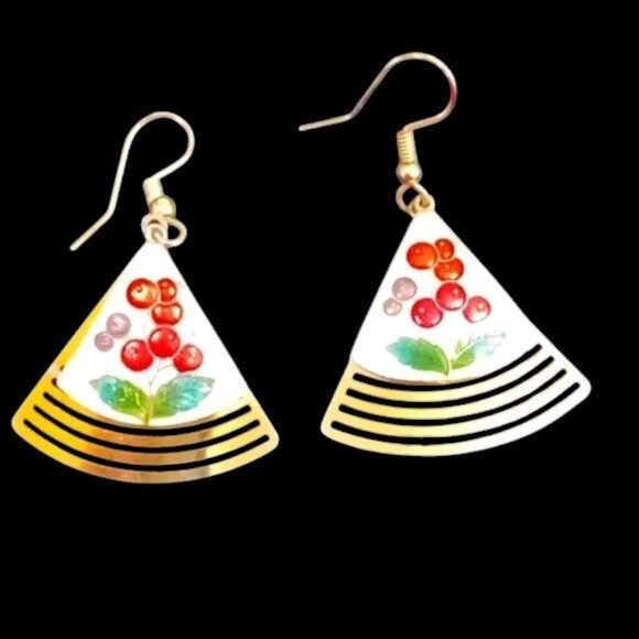 Vintage Pair of Gold Tone Triangle Shaped Earrings with Cloisonne Panels - Picture 1 of 4